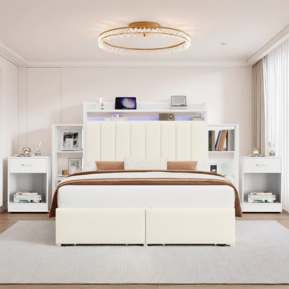 Luxurious 3-Piece Queen Bedroom Set with Gem-Inspired Tufted Button Headboard, Upholstered Platform Bed & 2 Elegant Nightstands