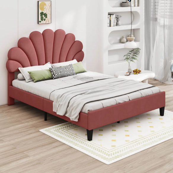 Upholstered Platform Bed with Flower Pattern Velvet Headboard – Full/Double Size, Elegant Design for Modern Bedrooms