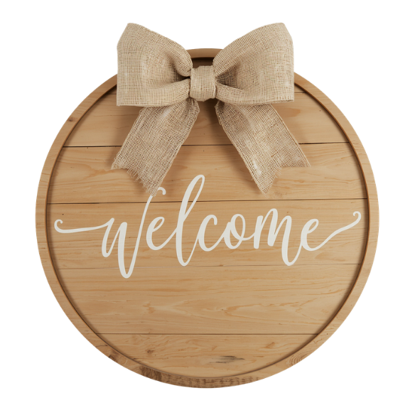 Round Wooden Welcome Sign with Burlap Bow