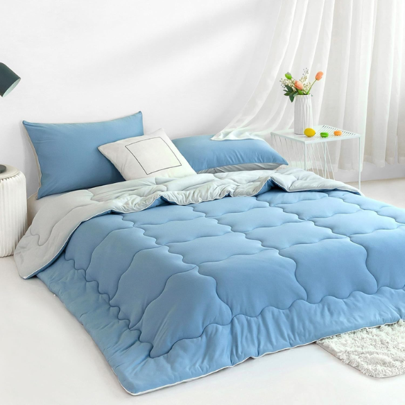Reversible Ultra-Soft Comforter Set, Jersey Knit Milk Cup Breathable Fluffy Light Weight Bedding Down Alternative & Pillowcase