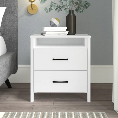 22.7" 2-Drawer Nightstand – Space-Saving Modern Minimalism, Engineered Wood with Clean-Lined Silhouette, Neutral Finish, Open Cubby & 2 Spacious Drawers for Bedroom Storage, Ideal for Tech & Accessories