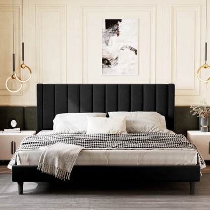 King Size Upholstered Platform Bed with Velvet Headboard, Foam Padding, and Noise-Free Construction for Ultimate Comfort