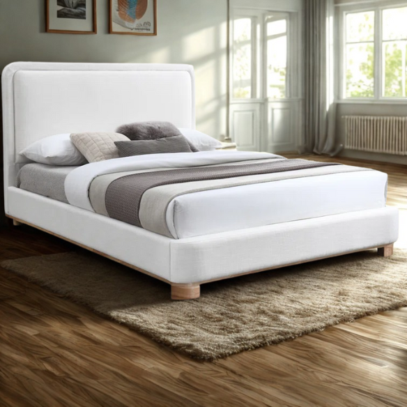 Luxurious Linen Textured Fabric King Size Upholstered Panel Bed with Solid Wood Base