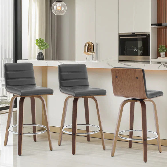 Mid-Century Modern Faux Leather Swivel Counter/Bar Stools – 360° Swivel, Padded PU Leather Seat & Back, Durable Bentwood Legs, Metal Footrest, Supports Up to 440lbs for Home Bar or Kitchen