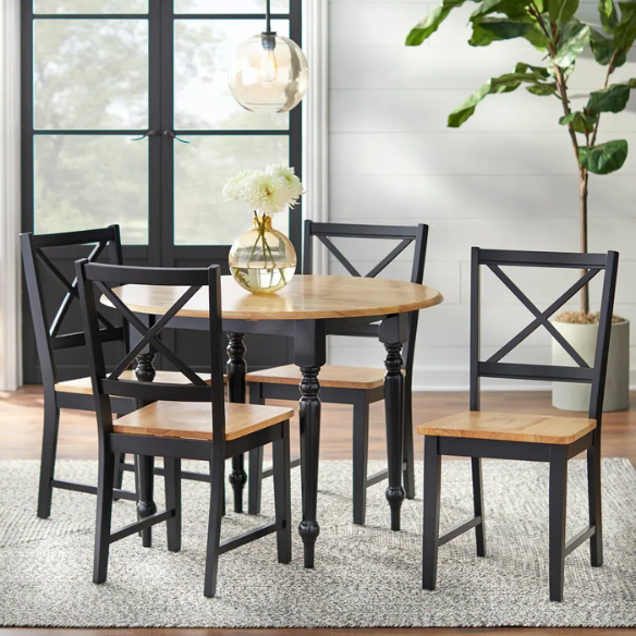 5-Piece Dining Set – Two-Tone Round Table with Drop Leaves & Cross-Back Chairs