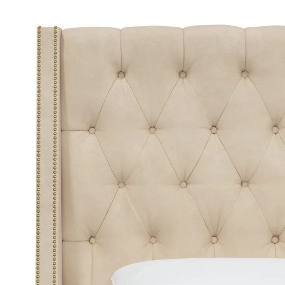 Chic Upholstered Wingback King Size Bed with Button Tufting and Nailhead Trim