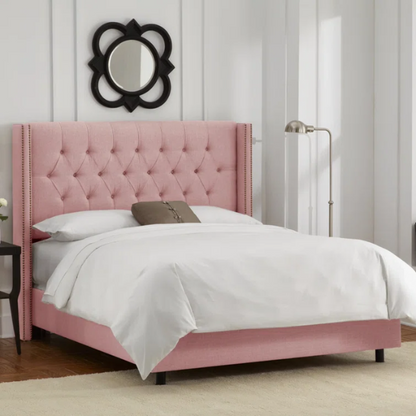 Timeless Upholstered Wingback King Size Bed with Button Tufting and Nailhead Trim