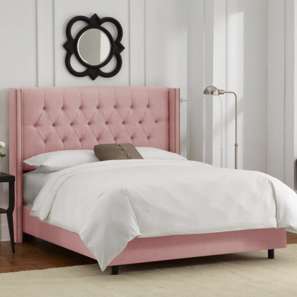 Timeless Upholstered Wingback King Size Bed with Button Tufting and Nailhead Trim