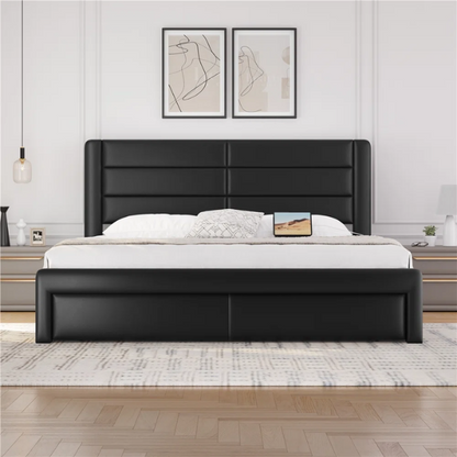 King Size Vegan Leather Metal Platform Storage Bed with 3 Drawers, Tufted Headboard, and Built-In USB Ports – Modern Design for Ultimate Comfort and Convenience