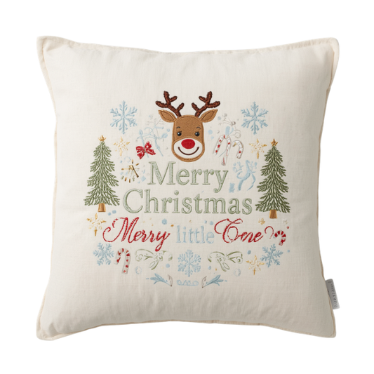 Off-White Embroidered Festive "Merry Christmas Little One" Throw Pillow