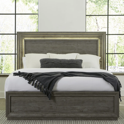 Contemporary Queen Bedroom Set with Brushed Nickel Storage Bed, LED-Illuminated Headboard, Dresser, Mirror, and Nightstand with Charging Station