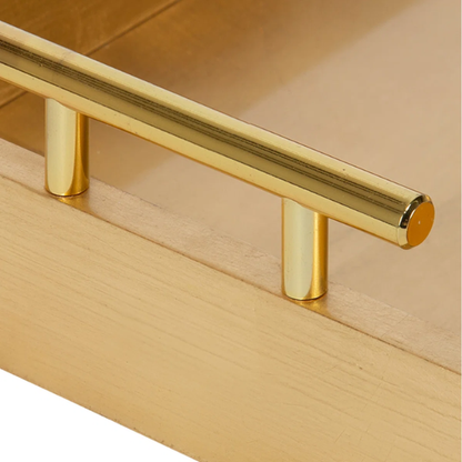 Sleek and Sophisticated Long Rectangular Serving Tray – High Gloss Wood with Polished Metal Handles, Perfect for Entryway, Vanity, or Coffee Table