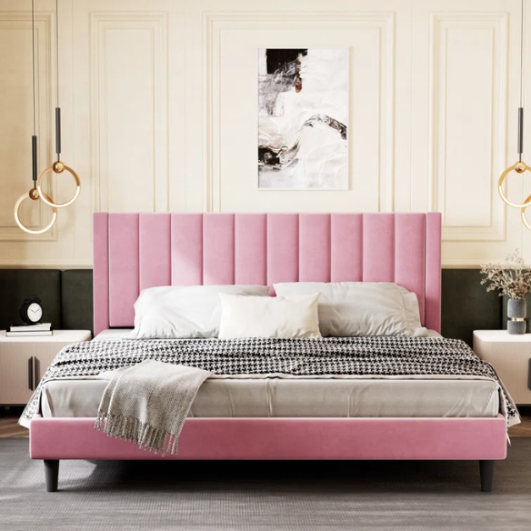 King Size Upholstered Platform Bed with Velvet Headboard, Foam Padding, and Noise-Free Construction for Ultimate Comfort