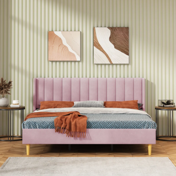 Luxury Corduroy Upholstered King Size Platform Bed Frame - Stylish Modern Wingback Design with Ultimate Comfort