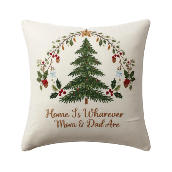Home Is Wherever Mom & Dad Are Christmas Wreath Throw Pillow