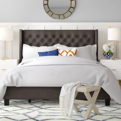 King Size Upholstered Wingback Bed with Linen Fabric, Tapered Legs, and Button Tufted Headboard