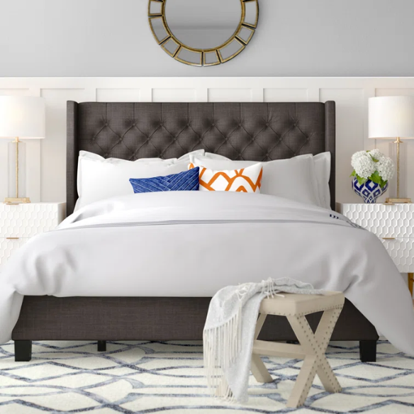 King Size Upholstered Wingback Bed with Linen Fabric, Tapered Legs, and Button Tufted Headboard