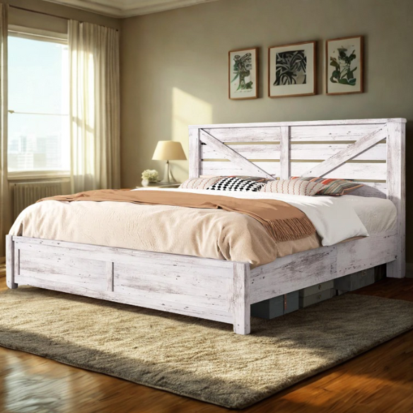 Farmhouse Classic Bed Frame with 49.2" Barn Door-Inspired Headboard, Ample Under-Bed Storage, Sturdy Metal Frame, and Silent Cotton Padding for Peaceful Sleep