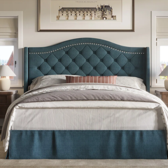 Elegant King Size Upholstered Platform Bed with Arched Camelback Headboard – Nailhead Trim, Diamond Tufting, and Foam Cushioning for Ultimate Comfort
