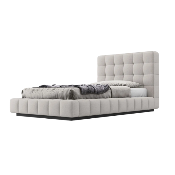 Upholstered Platform Bed with Square-Tufted Headboard, Basketweave Design, and Solid Eucalyptus Wood Frame – No Box Spring Needed