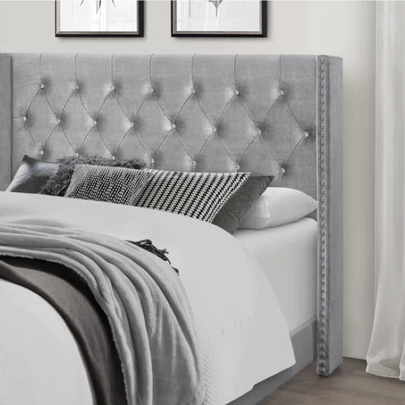 King Size Upholstered Low-Profile Bed with Wingback Headboard, Button Tufting, and Nailhead Trim – Glamorous, Traditional Design with Flared Legs