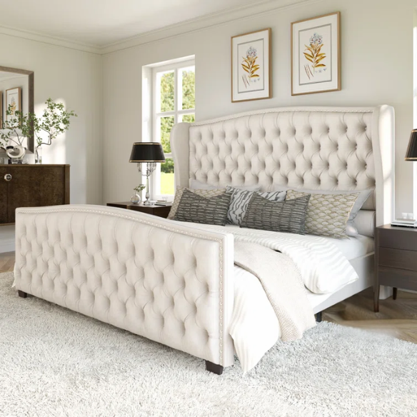 Velvet Queen Size Bed with Button Tufted Upholstery, Nailhead Trim, and Wingback Headboard