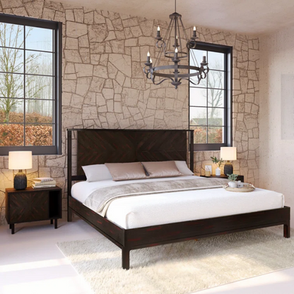 Solid Wood Platform King Size Bed with Headboard and Sturdy Steel Frame, Rustic Design