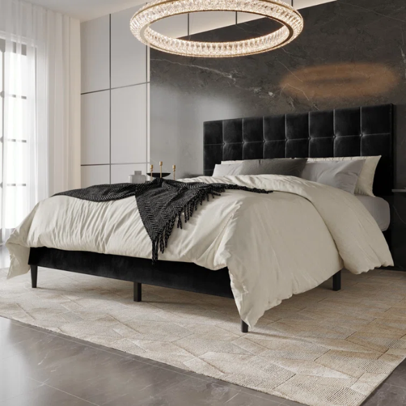Luxurious Upholstered King Size Platform Bed with Tufted Velvet Headboard and Modern Tapered Legs – A Sophisticated Addition to Any Bedroom