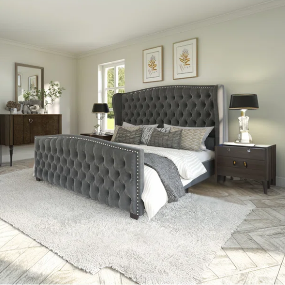 Velvet Queen Size Bed with Button Tufted Upholstery, Nailhead Trim, and Wingback Headboard