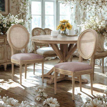 Light Blush Upholstered Dining Chairs with Wicker Back and Distressed Natural Wood Legs (Set of 2) – Farmhouse French Country Accent Seating