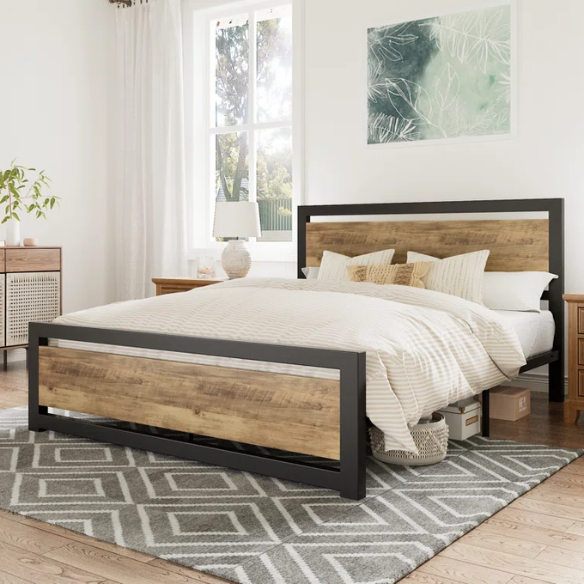 Queen Size Wood and Black Metal Frame Bed with Headboard – Modern Design with Rustic Distressed Wood Accents