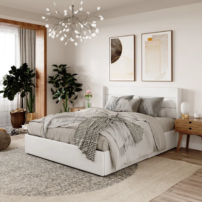 Modern King Size Upholstered Platform Bed with Hydraulic Lift Storage – Sleek Grooved Headboard, Space-Saving Design, and No Box Spring Needed