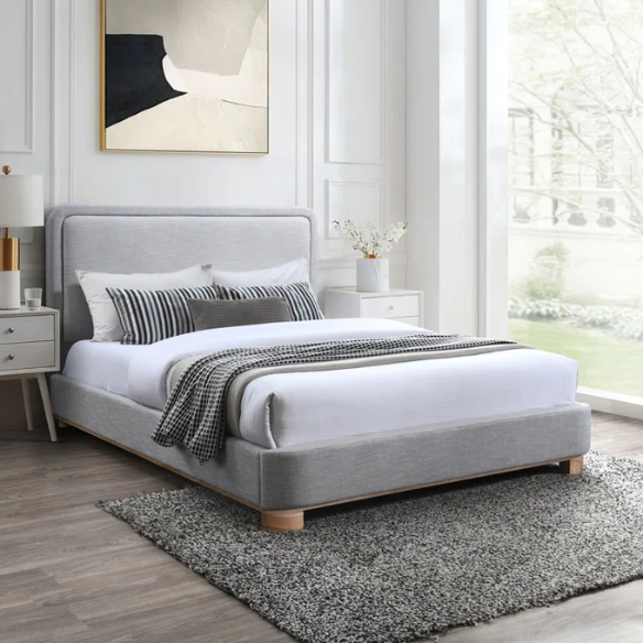 Elegant Upholstered Panel Bed – Full/Double Size with Solid Wooden Base & Textured Linen Fabric Frame for a Luxurious Look