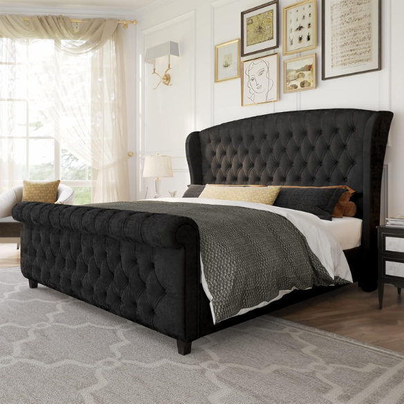 Luxurious Queen Size Upholstered Sleigh Bed with Button Tufting and Rich Chenille Fabric