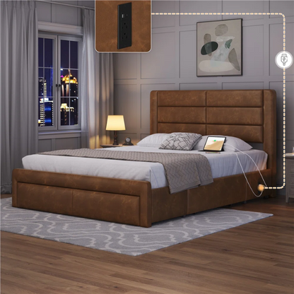 King Size Vegan Leather Metal Platform Storage Bed with 3 Drawers, Tufted Headboard, and Built-In USB Ports – Modern Design for Ultimate Comfort and Convenience