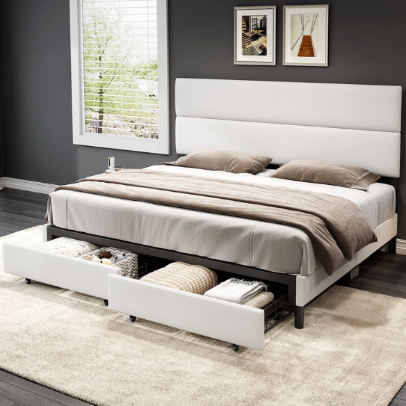 Linen Upholstered Bed Frame – Full/Double Size with Height Adjustable Headboard & 2 Built-In Storage Drawers
