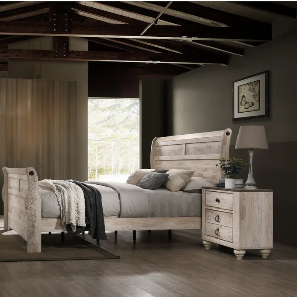 Shabby Elegance 5-Piece Sleigh Queen Bedroom Set – Vintage White-Washed Finish, Designer Antique Metal Pulls, and Spacious Drawers with Felt-Lined Top Drawers