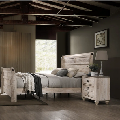 Shabby Elegance 5-Piece Sleigh Queen Bedroom Set – Vintage White-Washed Finish, Designer Antique Metal Pulls, and Spacious Drawers with Felt-Lined Top Drawers