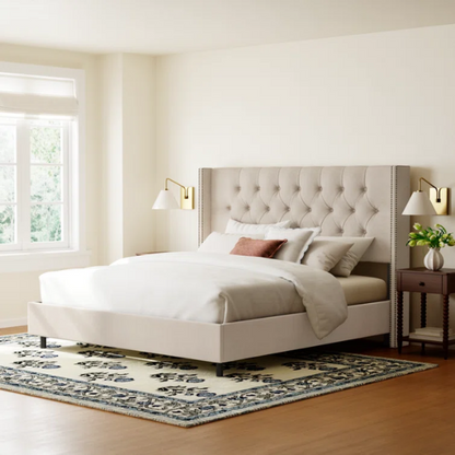 Timeless Upholstered Wingback King Size Bed with Button Tufting and Nailhead Trim