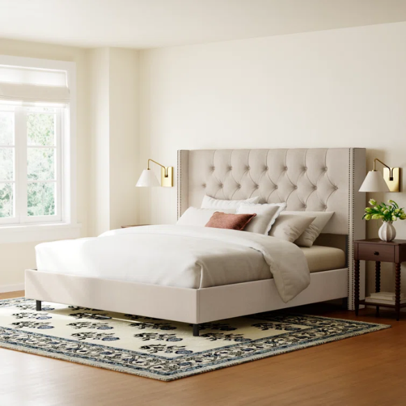 Timeless Upholstered Wingback King Size Bed with Button Tufting and Nailhead Trim