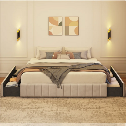King Size Upholstered Platform Storage Bed with Velvet Fabric, Channel-Tufted Accents, and Built-In Drawers for Extra Storage