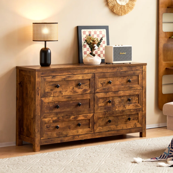 6-Drawer Dresser – A Perfect Blend of Rustic Charm and Industrial Elegance, Featuring a Clean-Lined Silhouette and Weathered Finish. Crafted from Solid and Engineered Wood