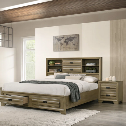 Contemporary Solid Wood 4-Piece Platform Queen Bedroom Set – Storage Bed with Headboard Shelves, Dresser, Nightstand, and Textured Drawer Fronts