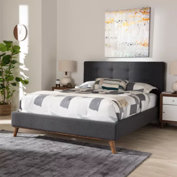 Modern Upholstered Platform Bed with Button Tufting and Eucalyptus Wood Frame – King Size