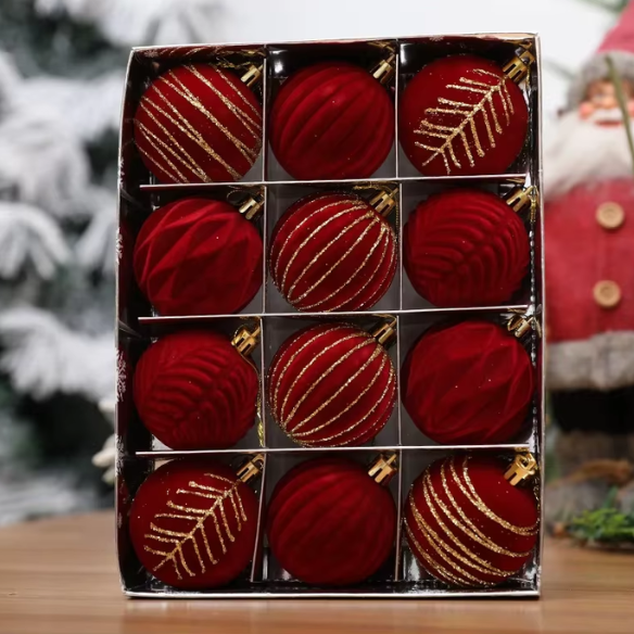 Red & Gold Velvet-Flocked Christmas Ornaments – Luxurious Shatterproof Holiday Set (12 Pieces)