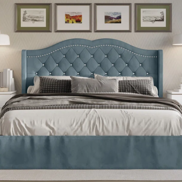 Luxurious King Size Upholstered Wingback Platform Bed with Velvet Fabric, Foam-Padded Camelback Headboard, Diamond Tufting, Nailhead Trim, and Included Bed Skirt for Hidden Storage