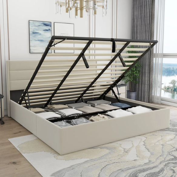 Elegant Hydraulic Lift Upholstered Storage Bed with Wingback Headboard, Velvet Fabric, Button-Tufted Detailing, and Ample Under-Bed Storage for Bedding and Seasonal Items