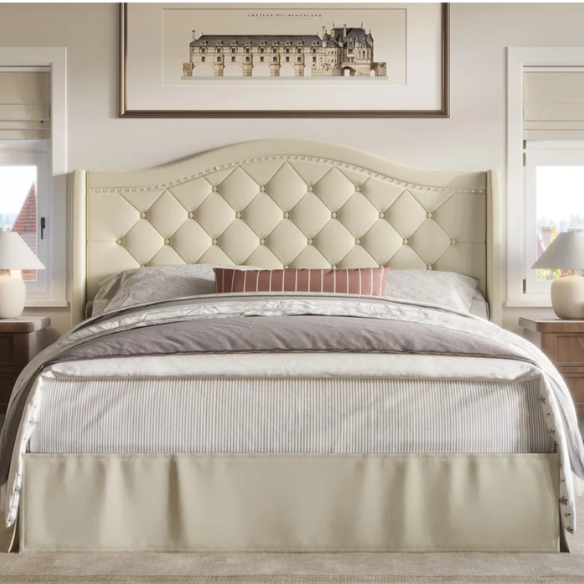 Elegant King Size Upholstered Platform Bed with Arched Camelback Headboard – Nailhead Trim, Diamond Tufting, and Foam Cushioning for Ultimate Comfort