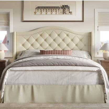 Elegant King Size Upholstered Platform Bed with Arched Camelback Headboard – Nailhead Trim, Diamond Tufting, and Foam Cushioning for Ultimate Comfort