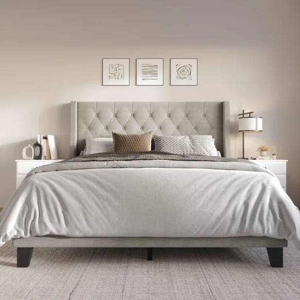 Elegant King Size Upholstered Wingback Bed with Button-Tufted Headboard – Foam-Padded for Ultimate Comfort and Support